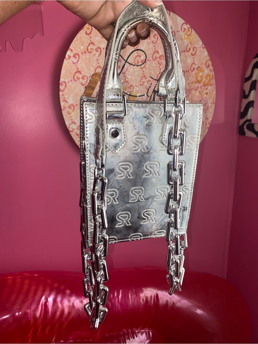 Metallic GSWUOO Silver Mini Chain-Handle Tote
